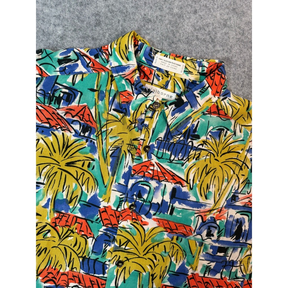 Claiborne Vintage Mens XL Rayon Tropical‎ Palm Tree Print Button Down Shirt